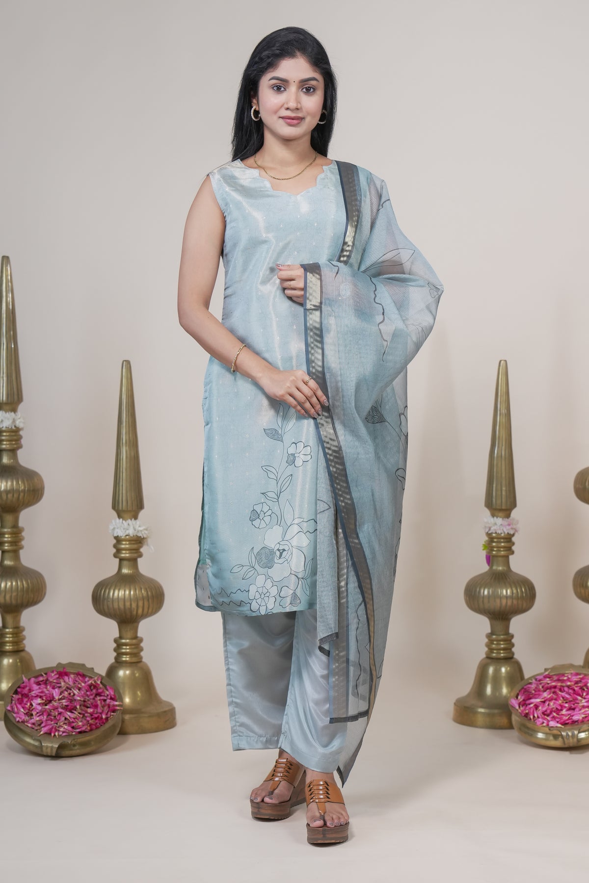 Elegant Ice Blue Floral Printed Set with Matching Dupatta