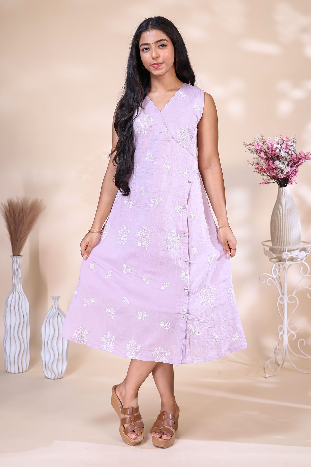 Elegant Lavender Westen wrap style Dress with Delicate Floral Embroidery
