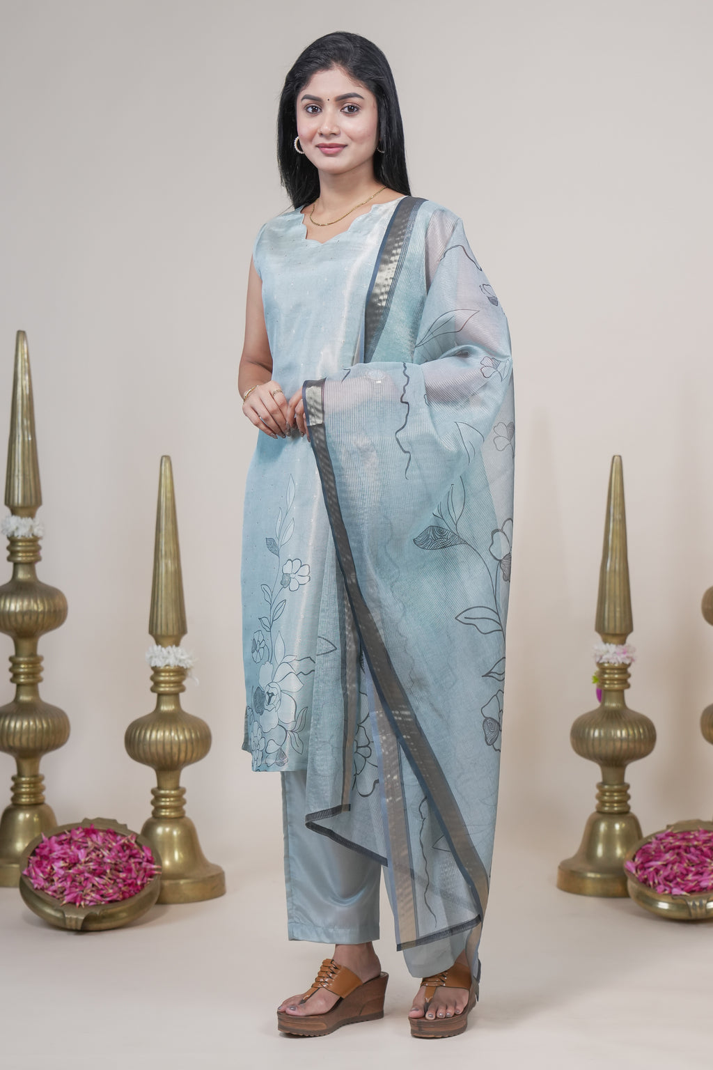 Elegant Ice Blue Floral Printed Set with Matching Dupatta