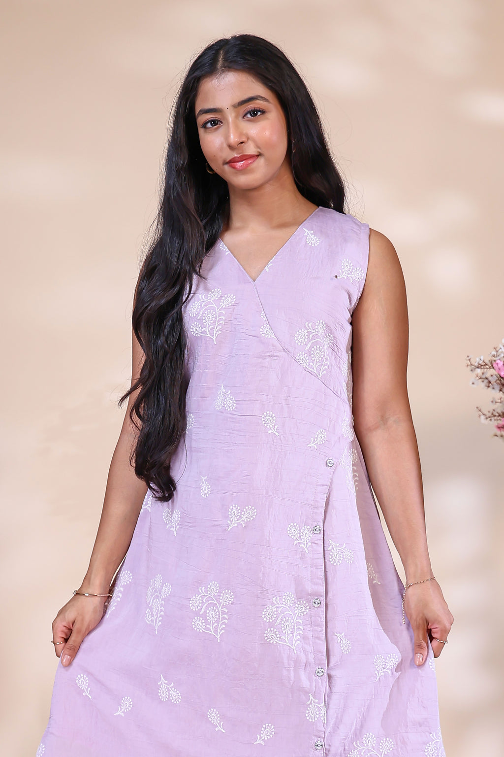 Elegant Lavender Westen wrap style Dress with Delicate Floral Embroidery