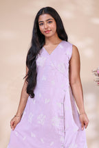 Elegant Lavender Westen wrap style Dress with Delicate Floral Embroidery