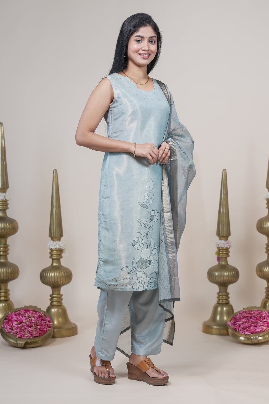 Elegant Ice Blue Floral Printed Set with Matching Dupatta