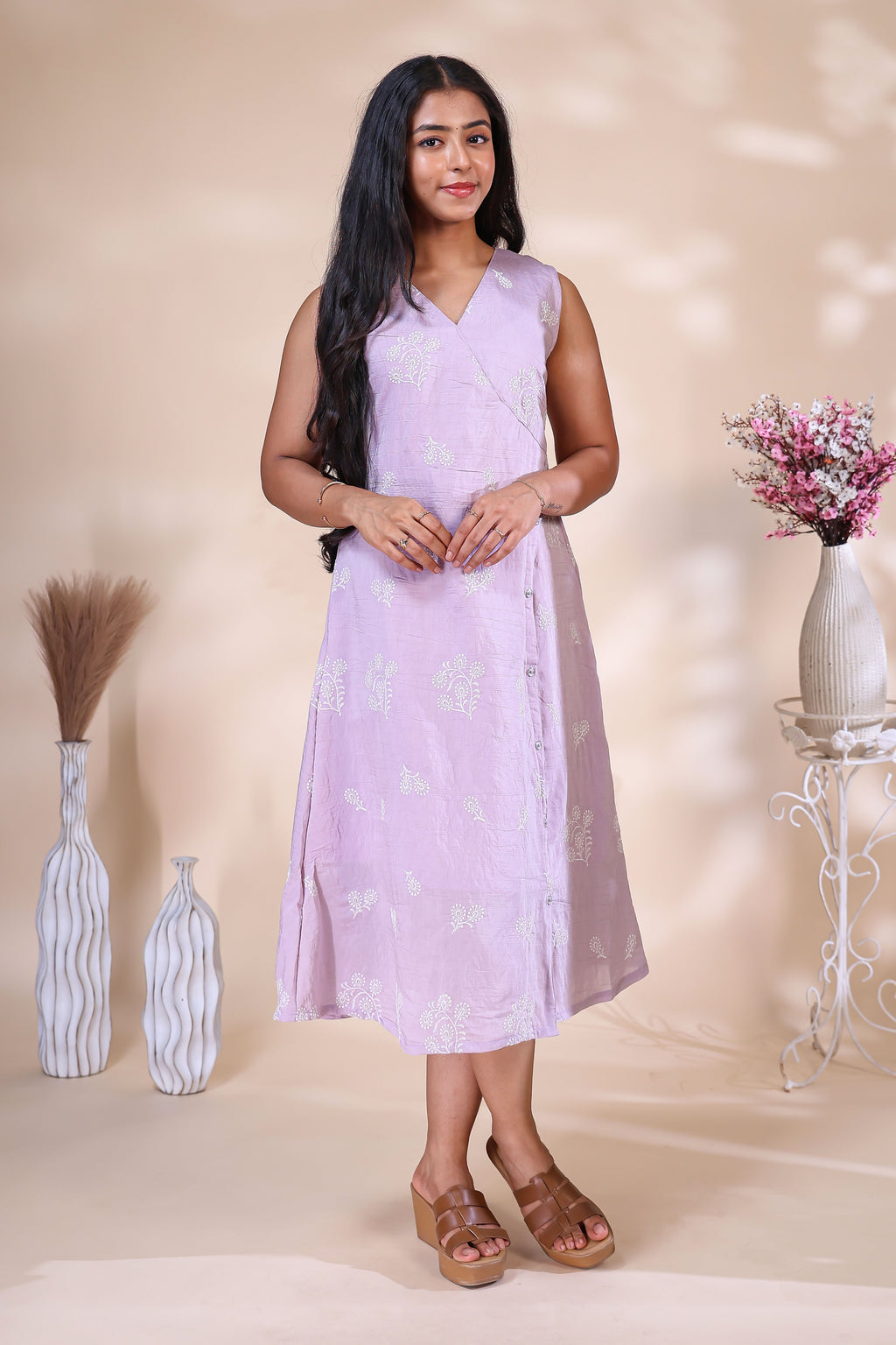 Elegant Lavender Westen wrap style Dress with Delicate Floral Embroidery