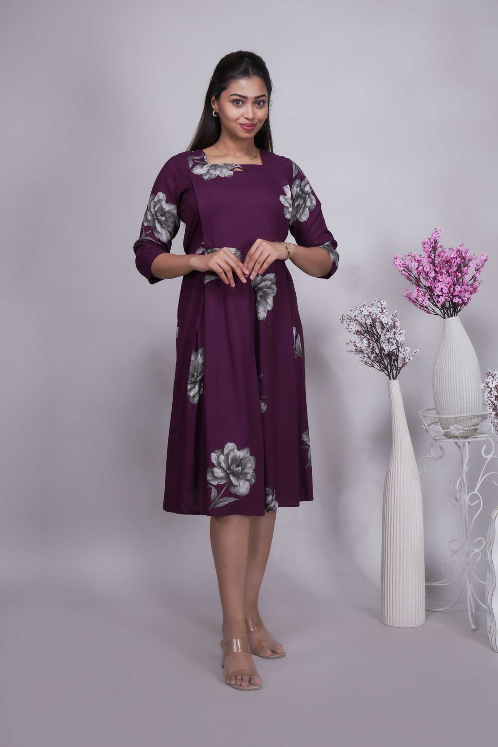 Women's Wine Floral Printed A-Line Midi Dress