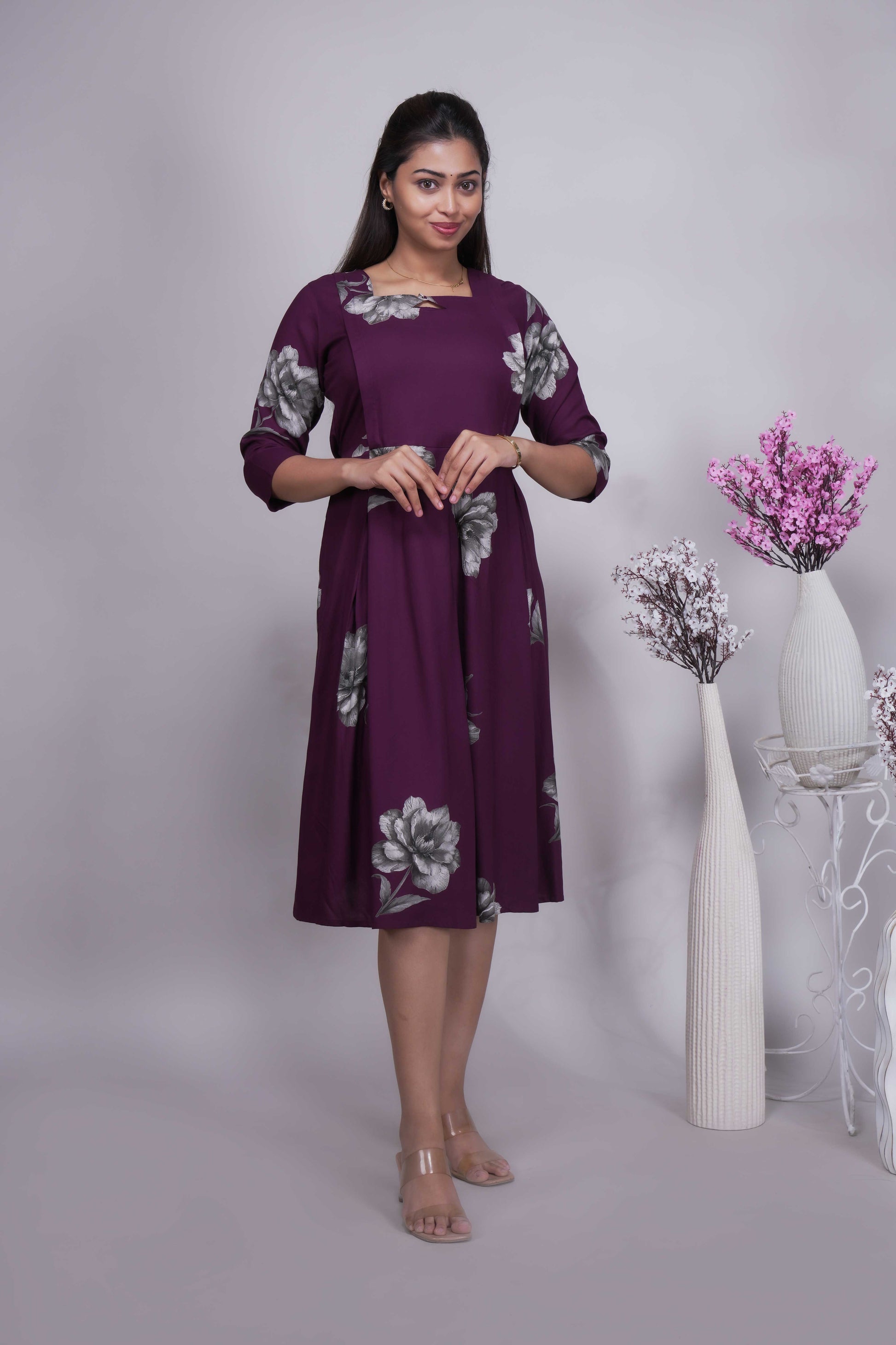 Women's Wine Floral Printed A-Line Midi Dress