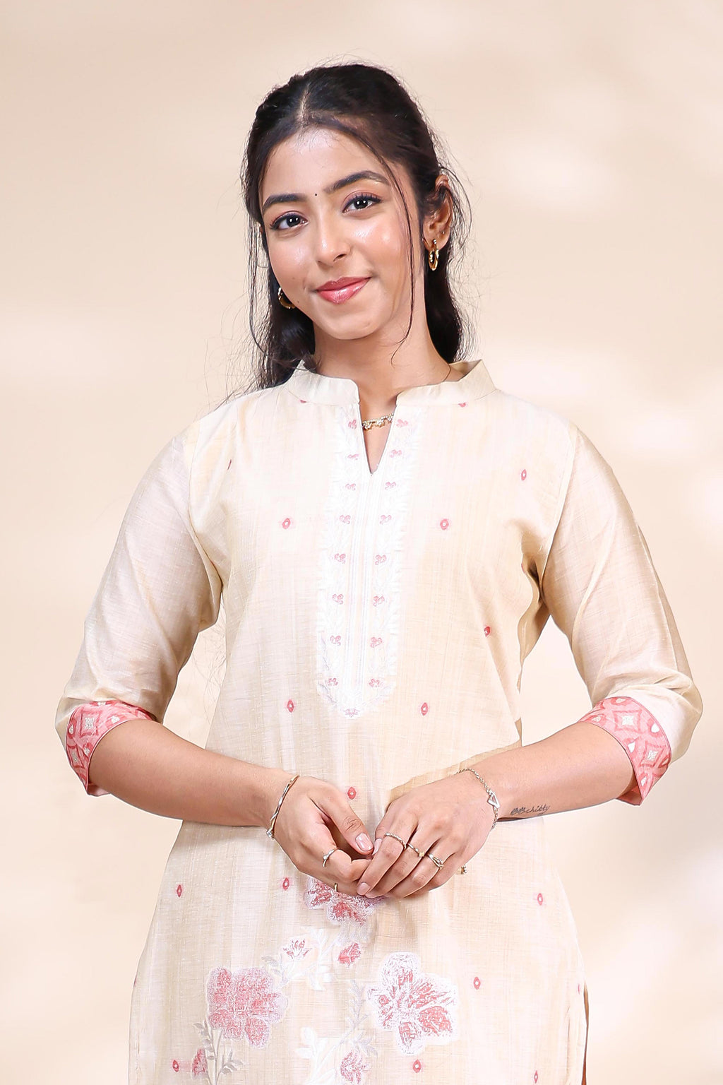 Elegant Off-White & Coral Pink Floral Embroidered Kurta Set with Printed Dupatta