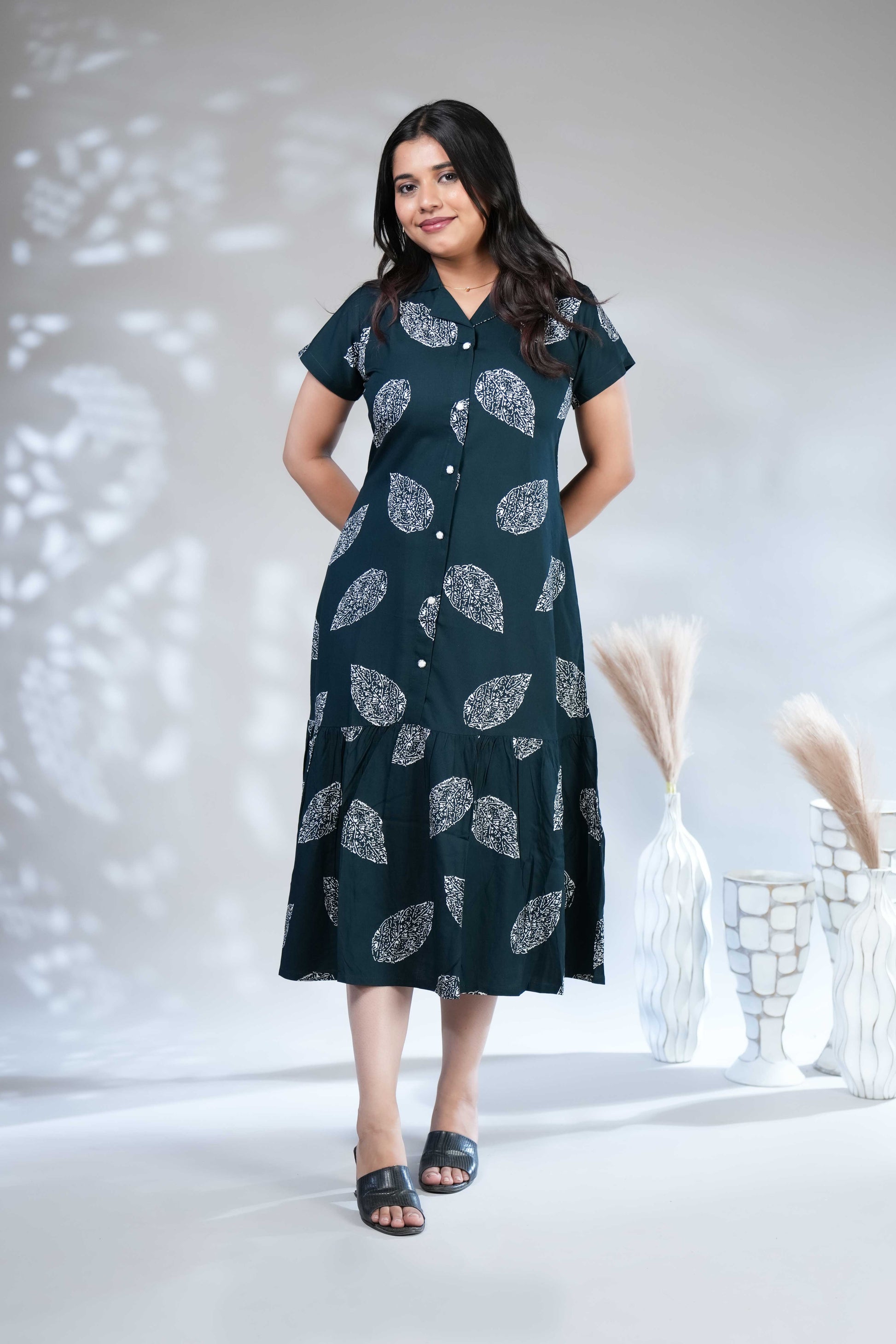 Women's Dark Green Leaf Print Shirt Dress with Ruffled Hem