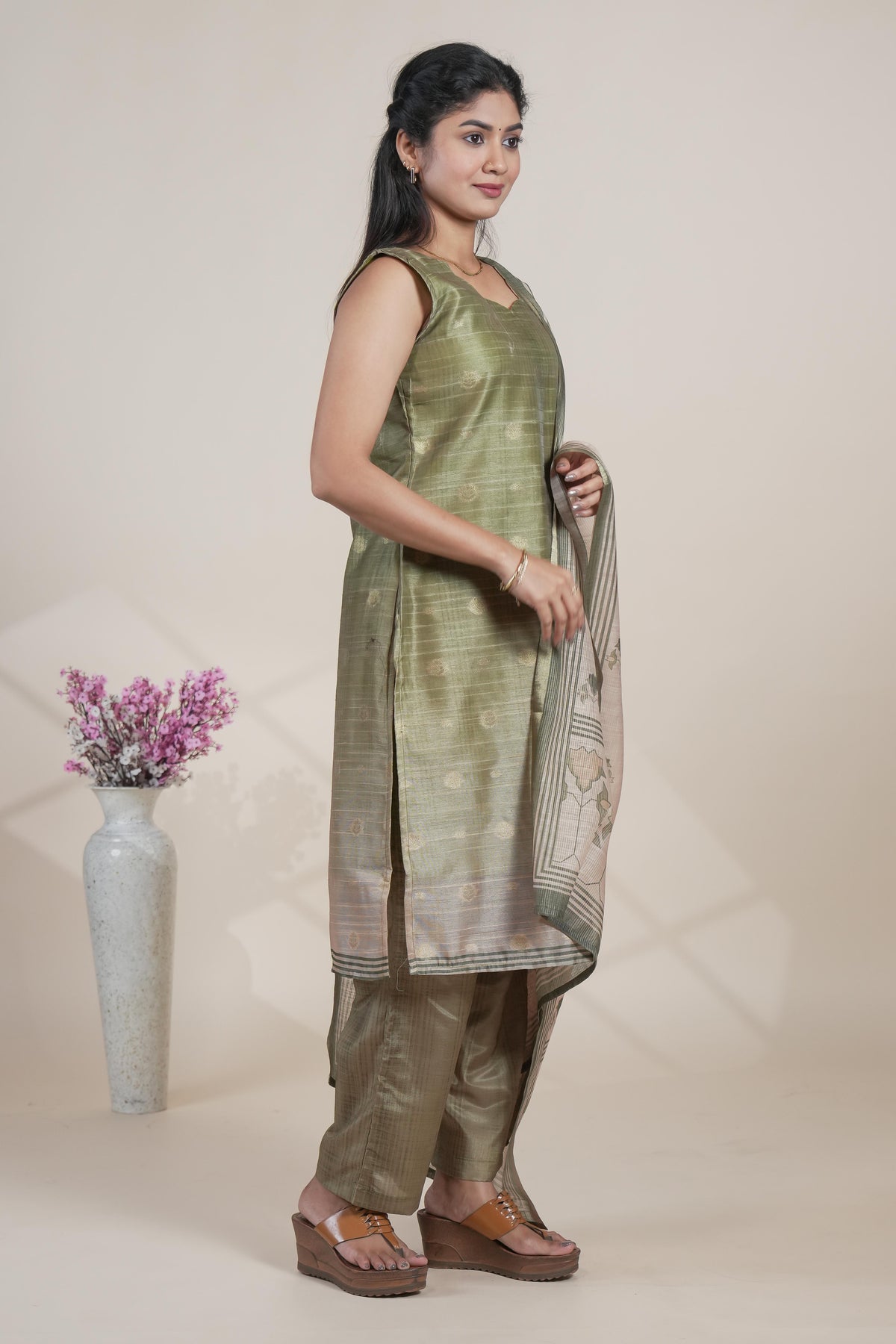 Elegant Olive Green Kurta Set with Light Peach Printed Dupatta