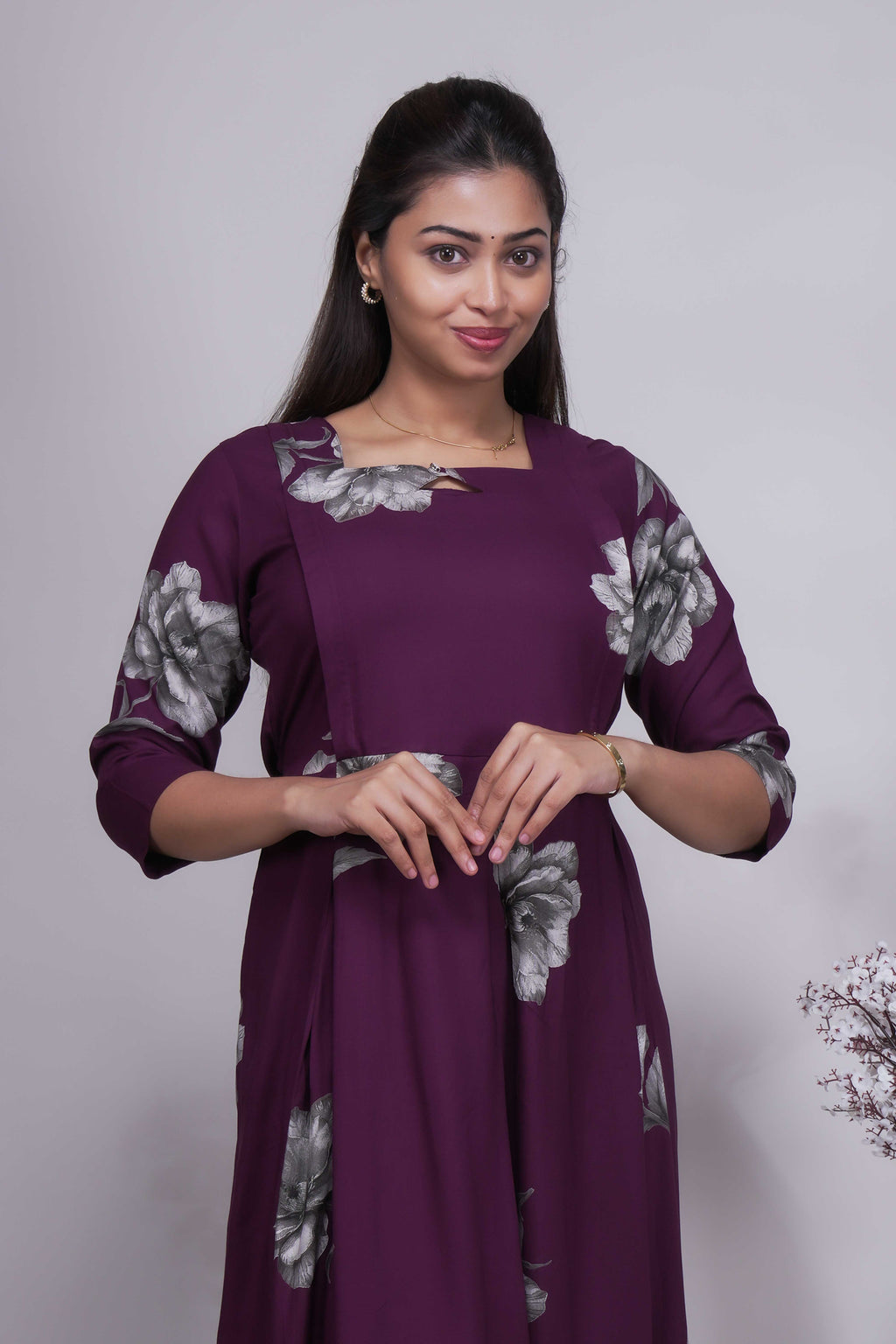 Women's Wine Floral Printed A-Line Midi Dress