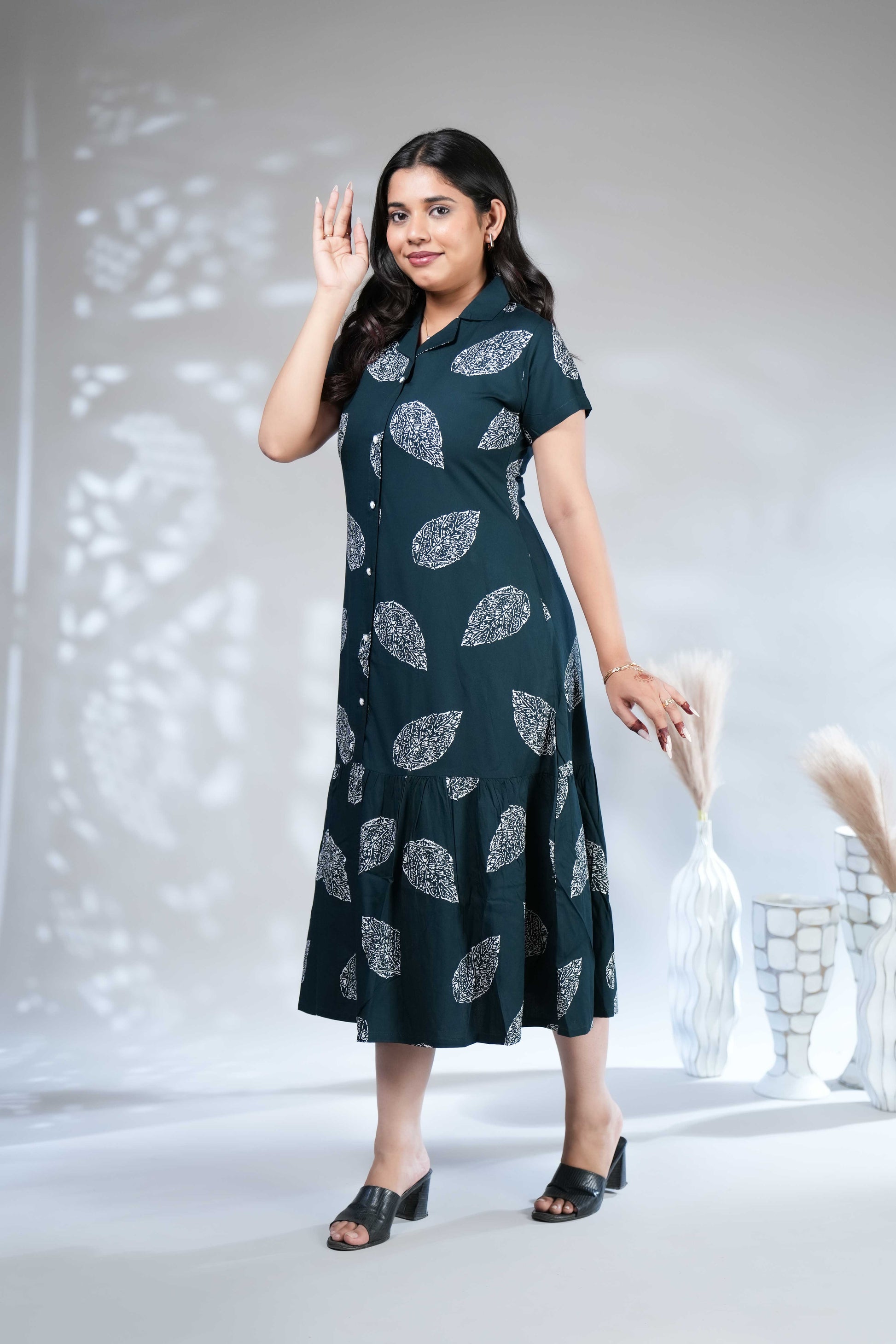 Women's Dark Green Leaf Print Shirt Dress with Ruffled Hem