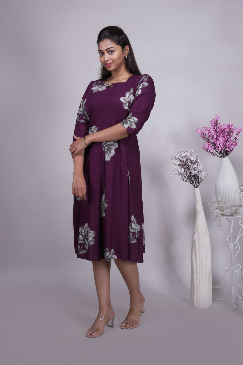 Women's Wine Floral Printed A-Line Midi Dress
