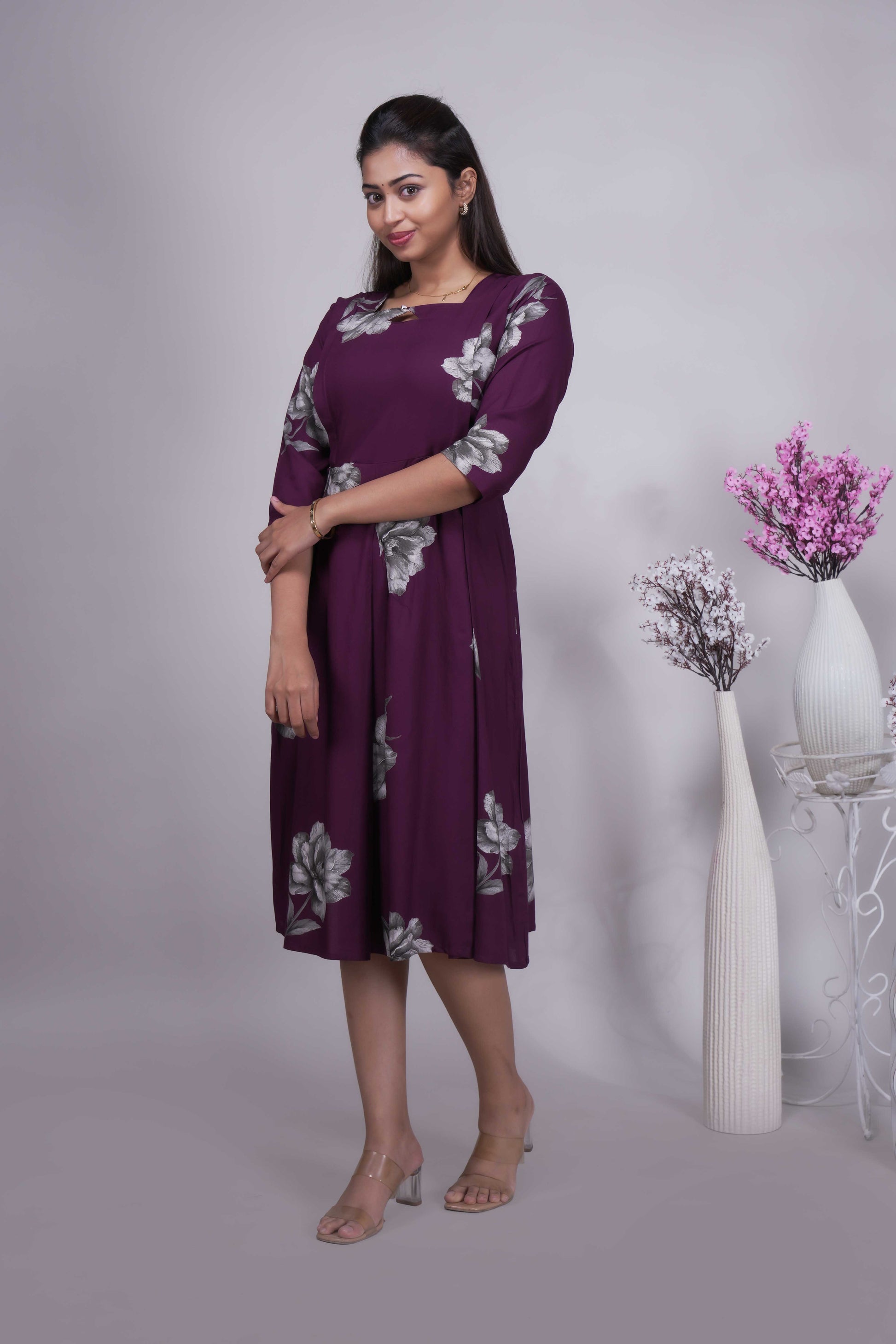 Women's Wine Floral Printed A-Line Midi Dress