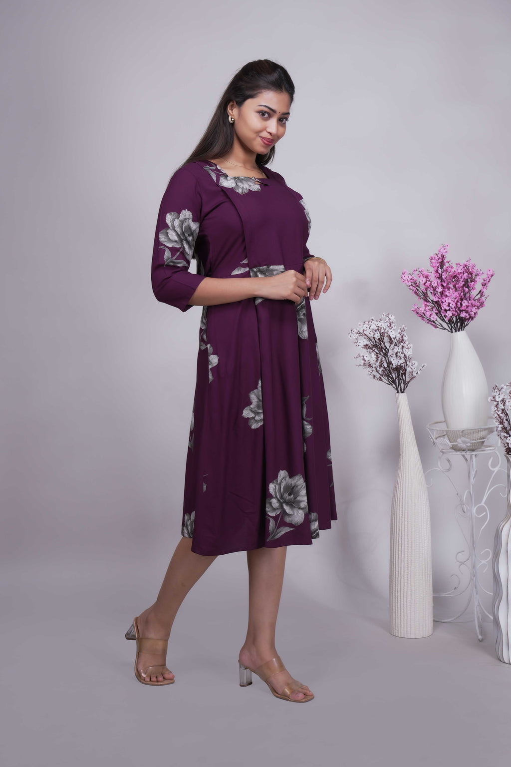 Women's Wine Floral Printed A-Line Midi Dress