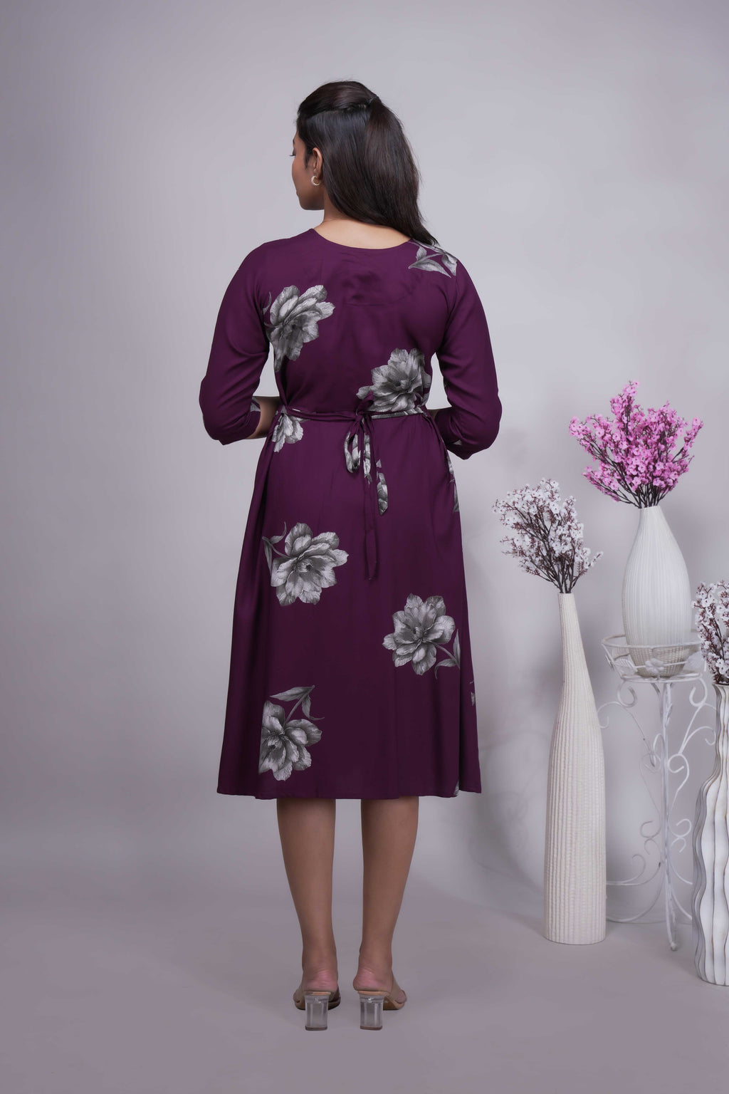 Women's Wine Floral Printed A-Line Midi Dress