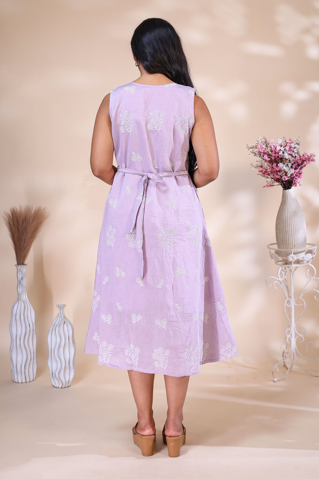 Elegant Lavender Westen wrap style Dress with Delicate Floral Embroidery