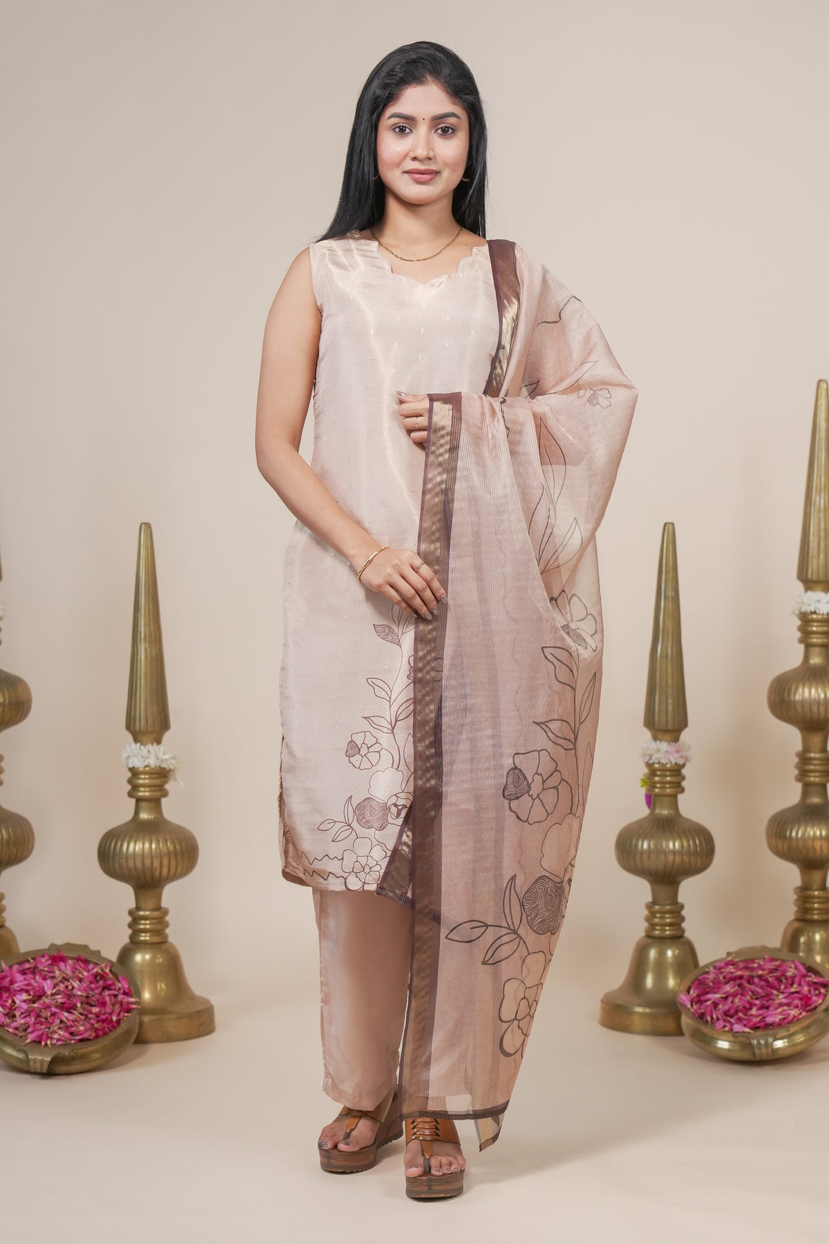 Elegant Peach Kurta Set with Floral Printed Dupatta