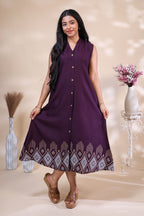 Elegant Deep Purple Button-Down Dress with Geometric Border Print