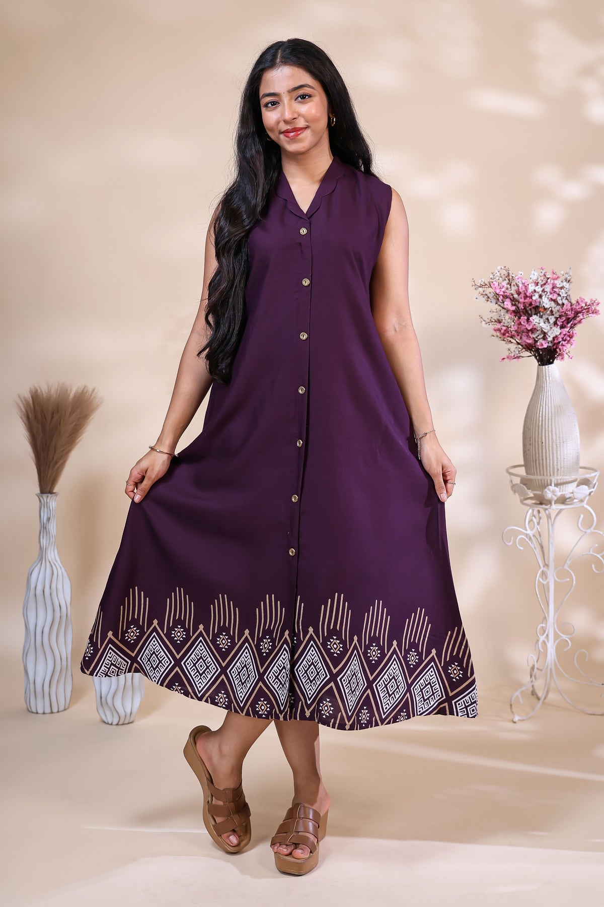 Elegant Deep Purple Button-Down Dress with Geometric Border Print