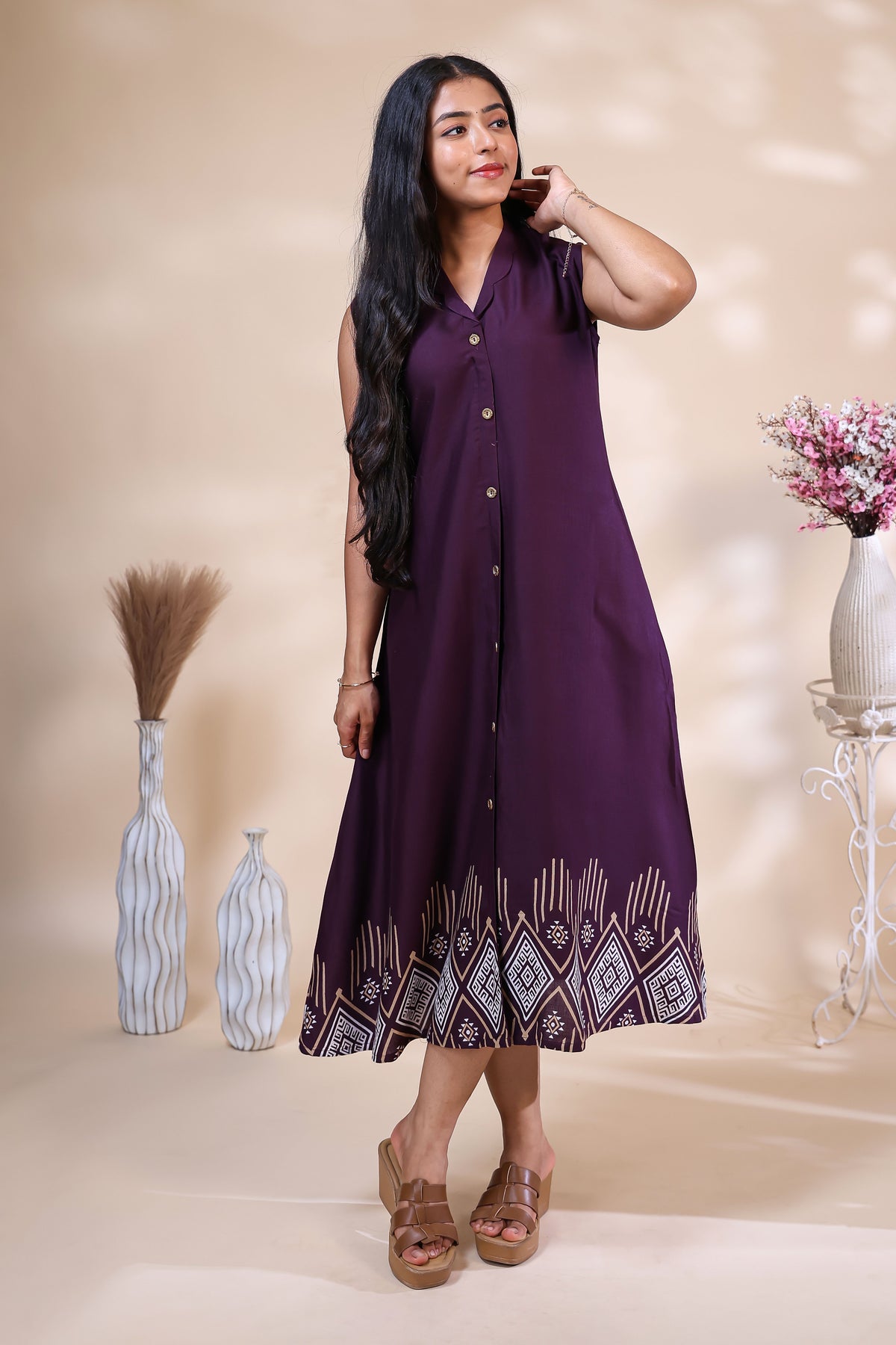 Elegant Deep Purple Button-Down Dress with Geometric Border Print