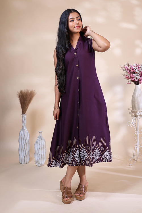 Elegant Deep Purple Button-Down Dress with Geometric Border Print