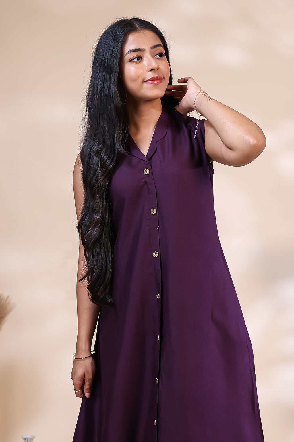 Elegant Deep Purple Button-Down Dress with Geometric Border Print