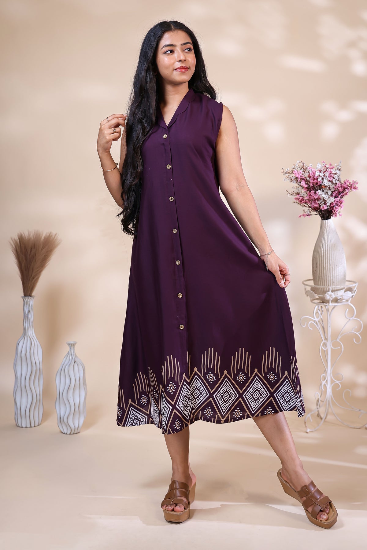 Elegant Deep Purple Button-Down Dress with Geometric Border Print