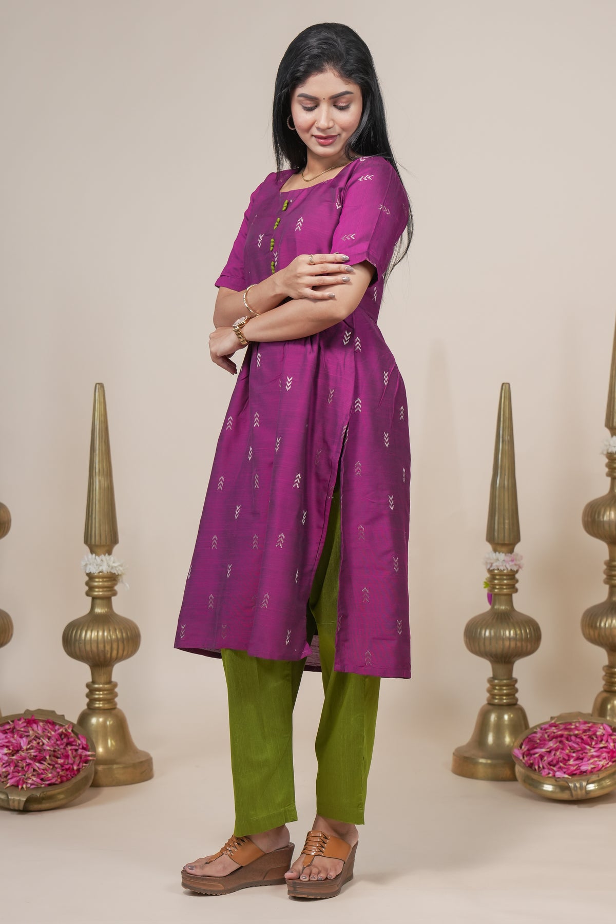 Magenta and Green Ethnic Kurta Set with Dupatta set