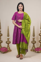 Magenta and Green Ethnic Kurta Set with Dupatta set