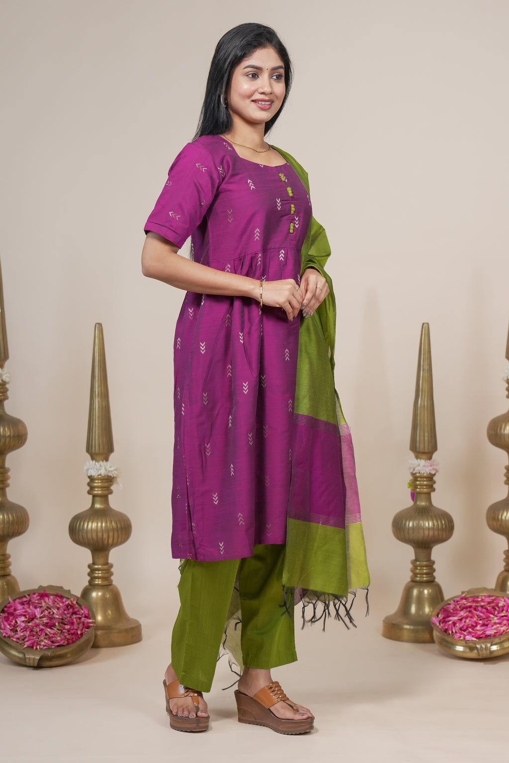 Magenta and Green Ethnic Kurta Set with Dupatta set