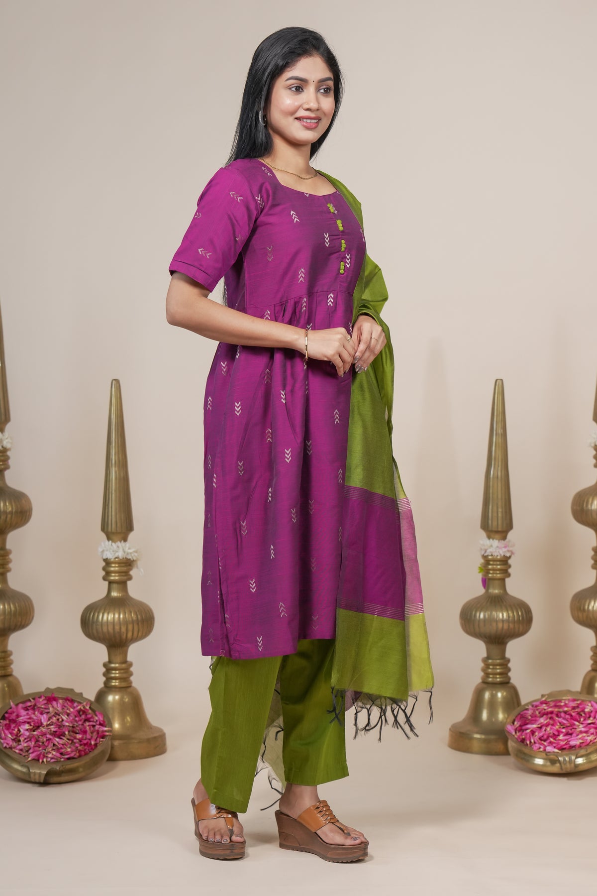 Magenta and Green Ethnic Kurta Set with Dupatta set