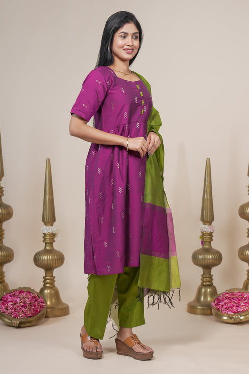 Magenta and Green Ethnic Kurta Set with Dupatta set