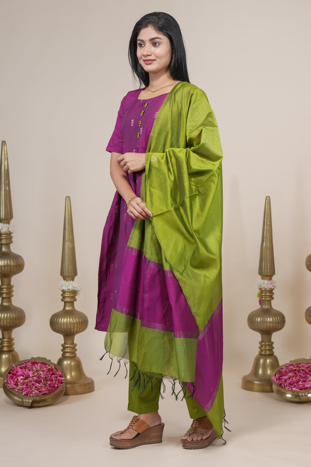 Magenta and Green Ethnic Kurta Set with Dupatta set