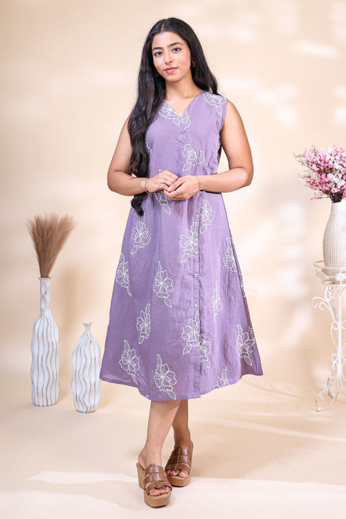 Elegant Lavender Floral Embroidered Westen wrap Style dress