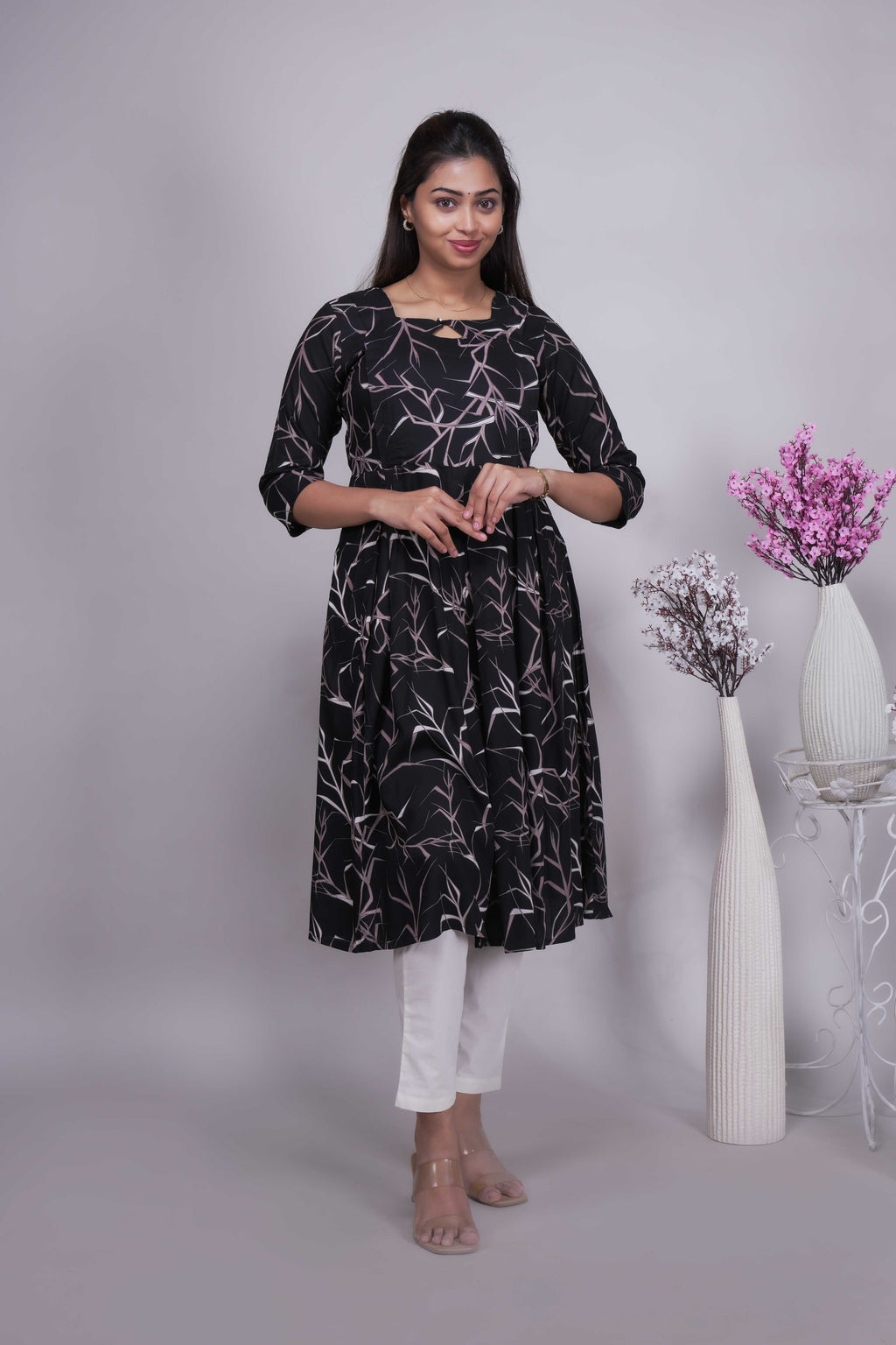 Women's Black & Pink Abstract Twig Print Anarkali Kurta
