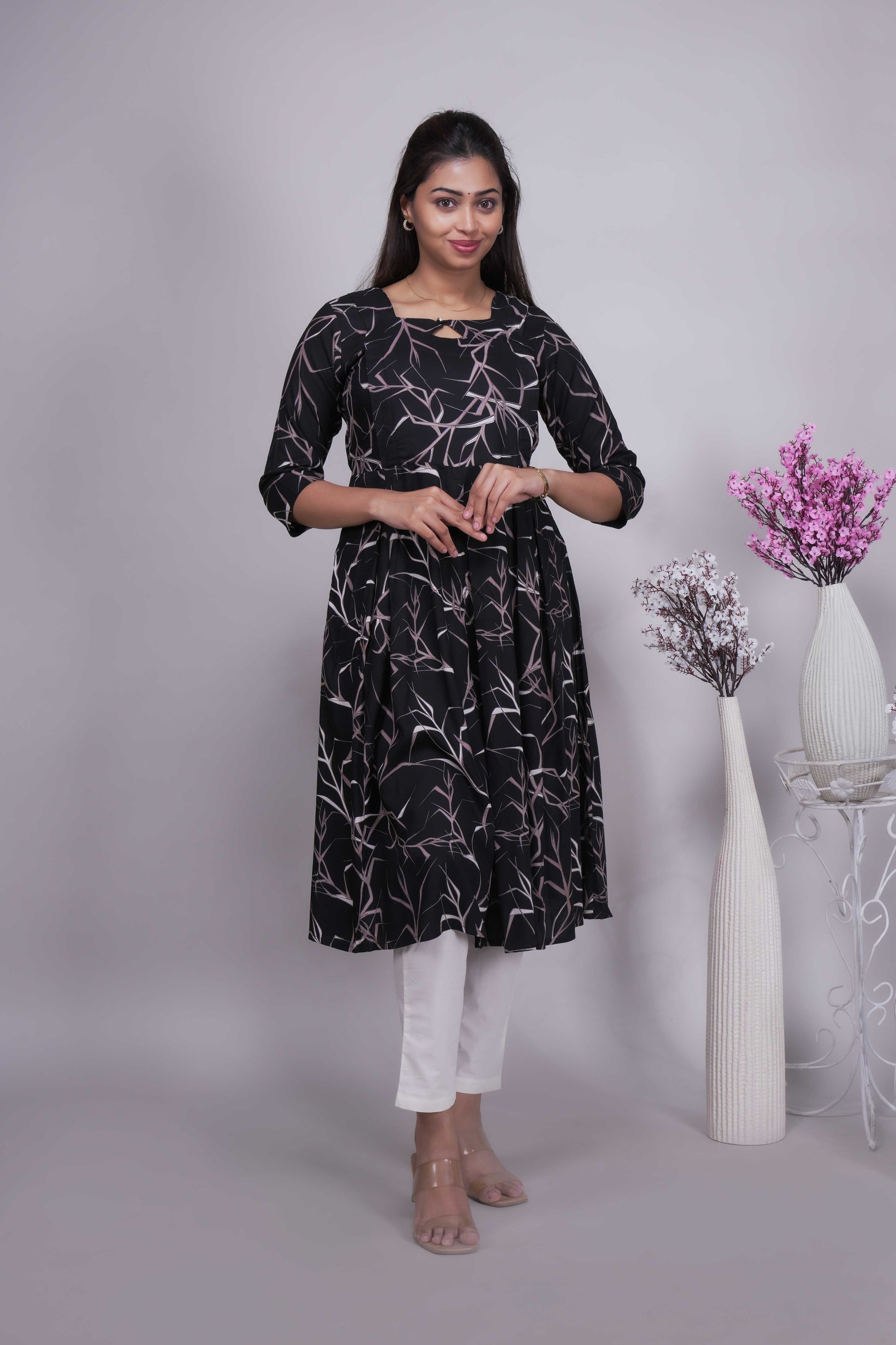 Women's Black & Pink Abstract Twig Print Anarkali Kurta