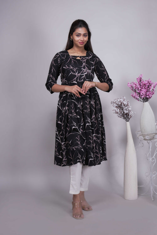 Women's Black & Pink Abstract Twig Print Anarkali Kurta
