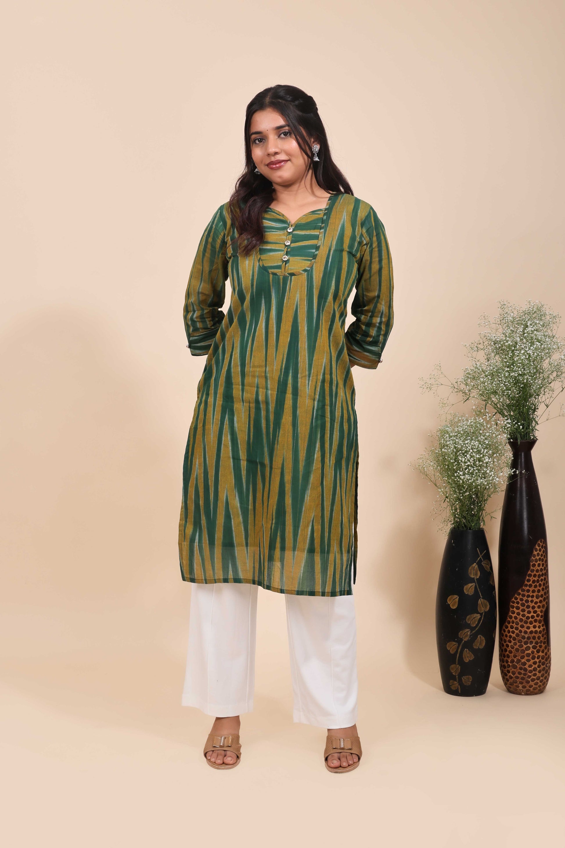 Olive Green and Mustard Geometric Ikat Print Straight Cotton Kurta