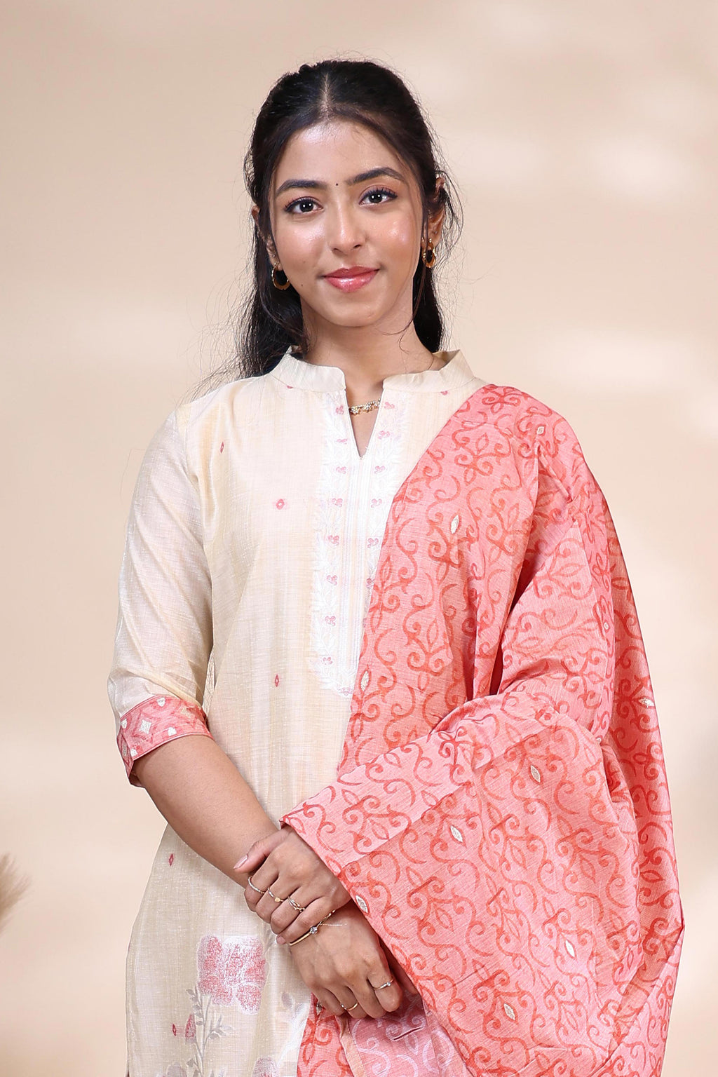 Elegant Off-White & Coral Pink Floral Embroidered Kurta Set with Printed Dupatta