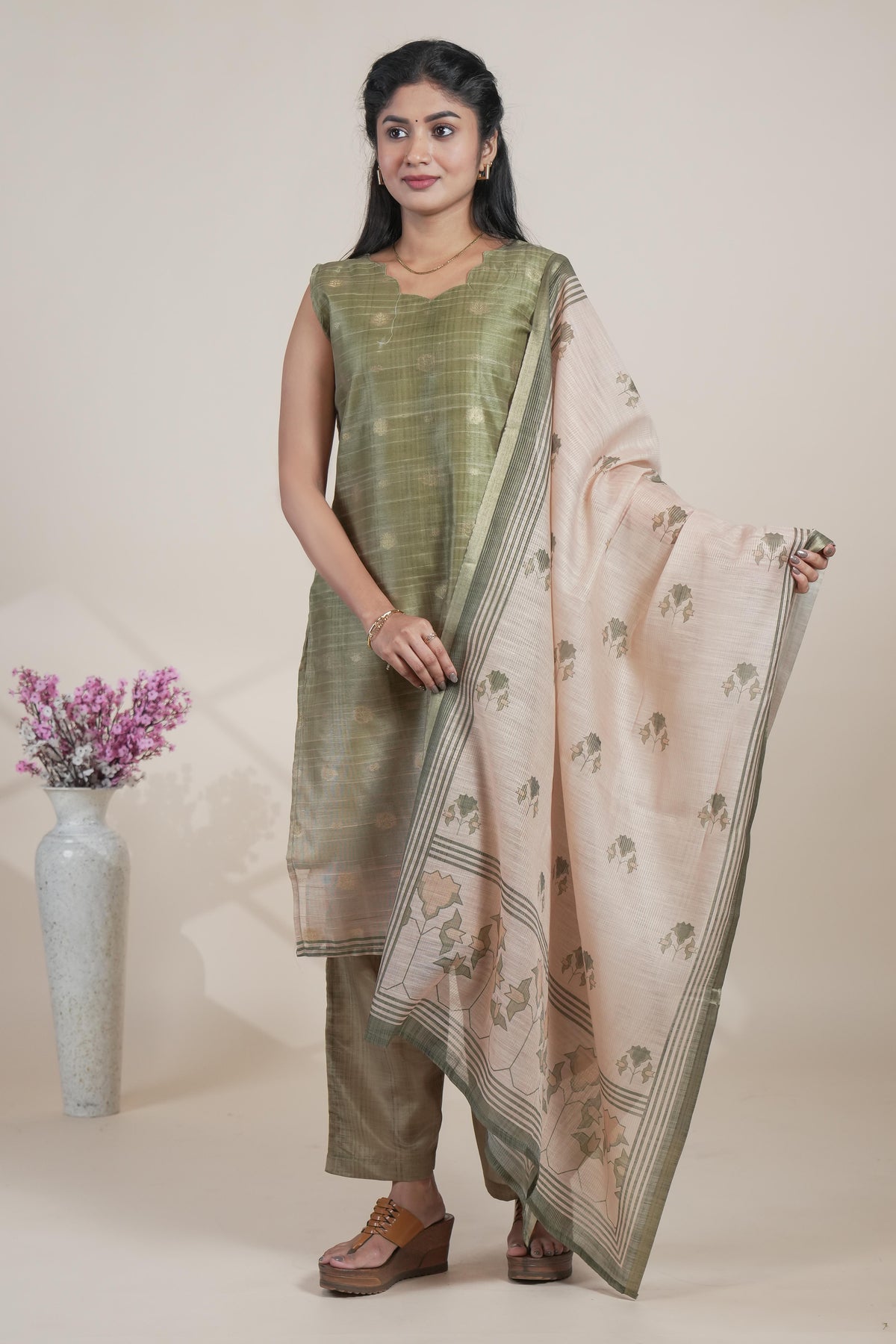 Elegant Olive Green Kurta Set with Light Peach Printed Dupatta