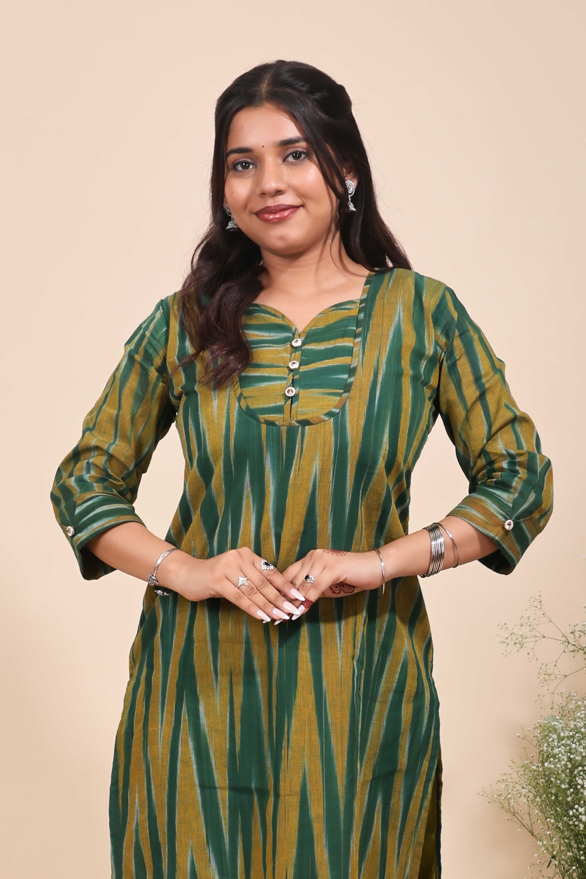 Olive Green and Mustard Geometric Ikat Print Straight Cotton Kurta