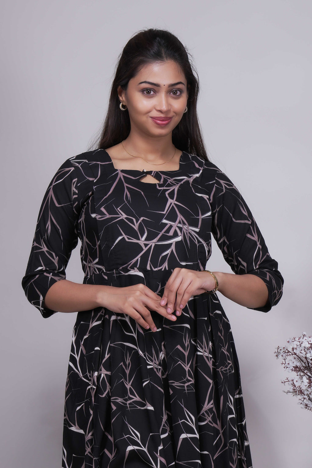 Women's Black & Pink Abstract Twig Print Anarkali Kurta