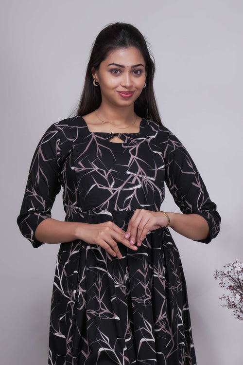 Women's Black & Pink Abstract Twig Print Anarkali Kurta
