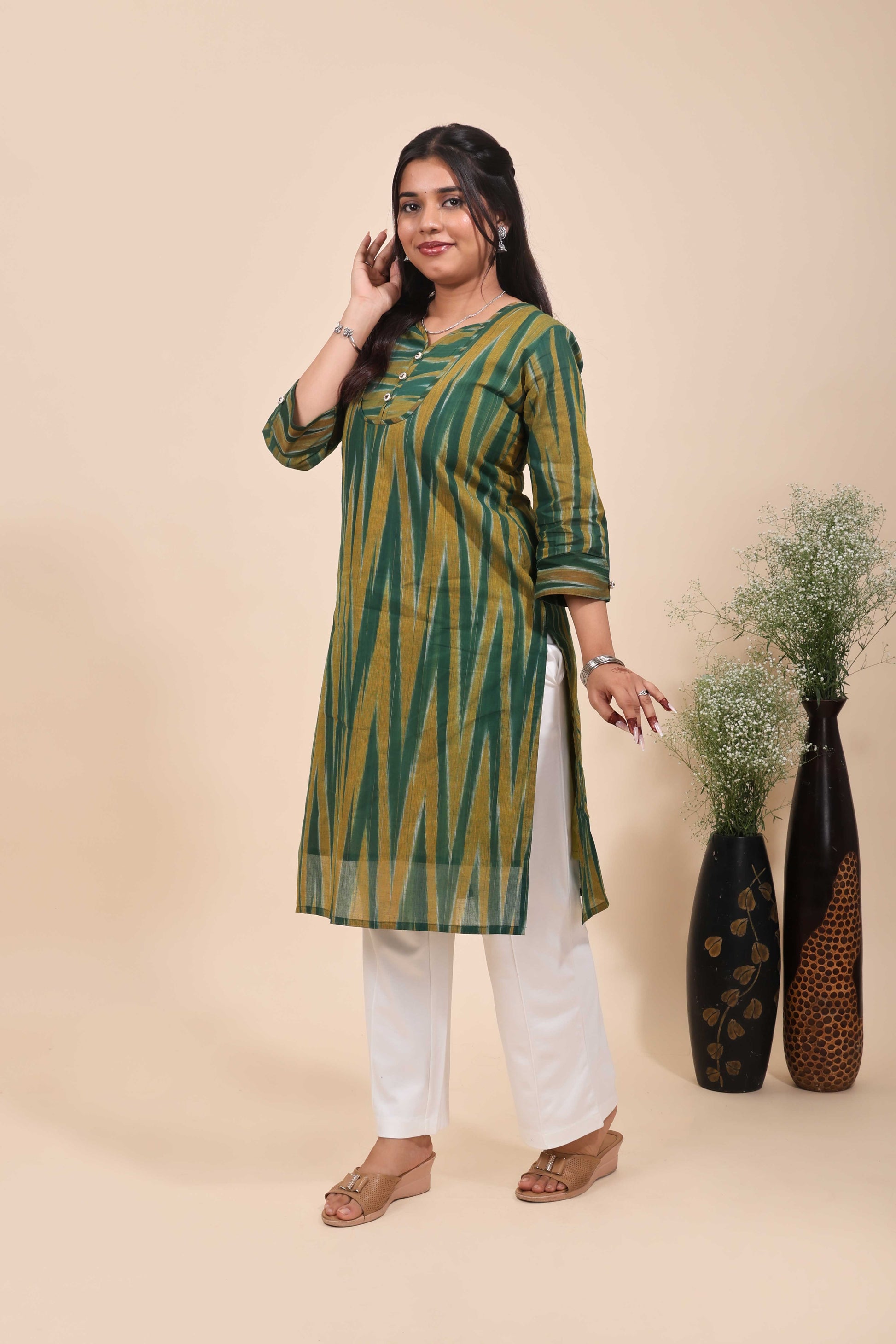 Olive Green and Mustard Geometric Ikat Print Straight Cotton Kurta