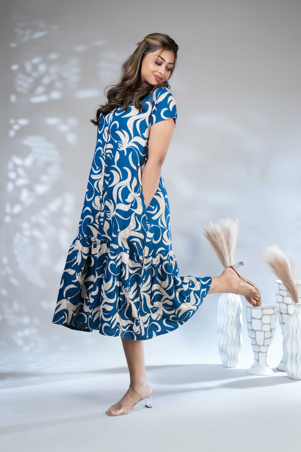 Women's Indigo Blue Tropical Leaf Print A-Line Midi Dress