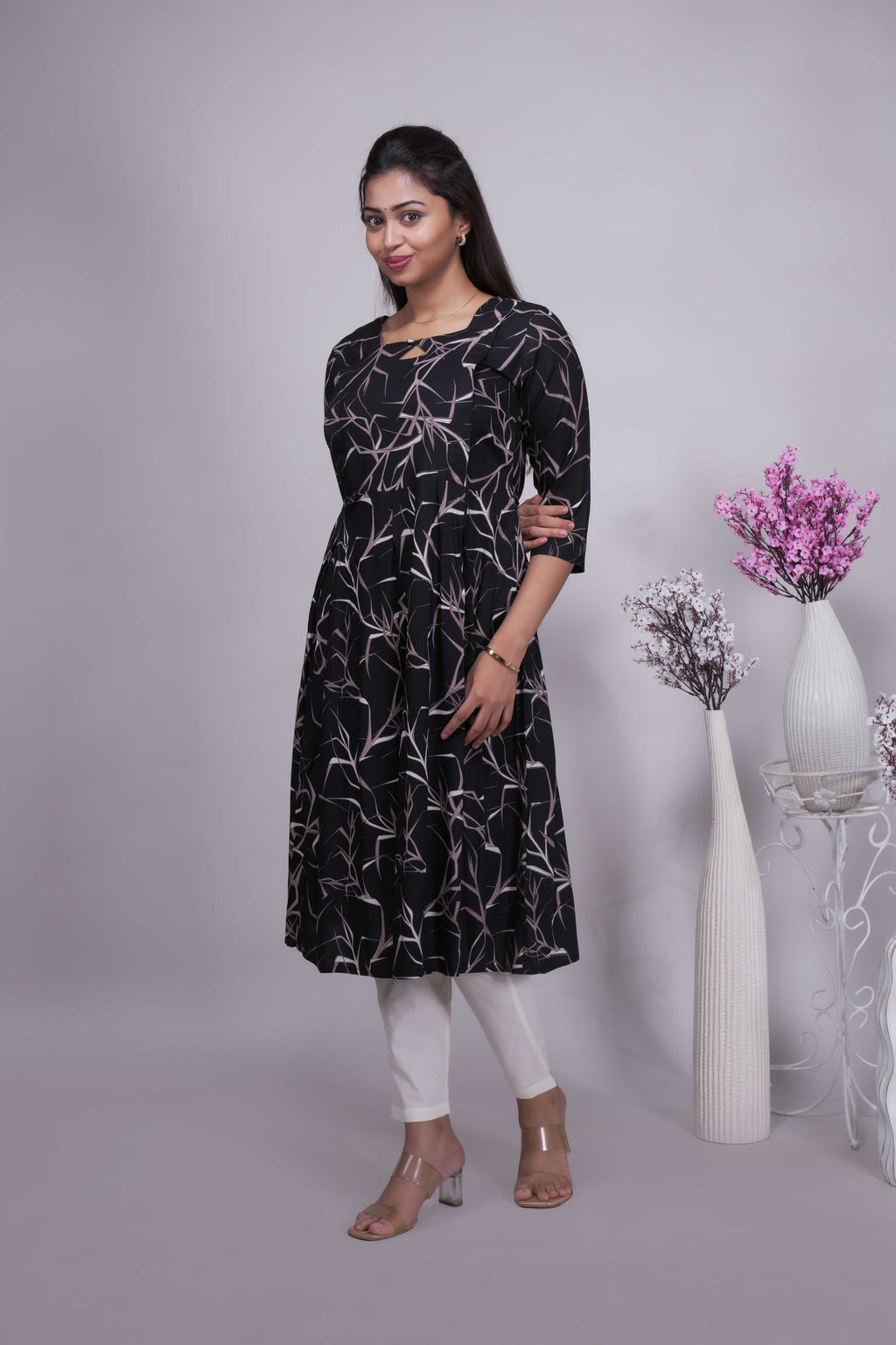 Women's Black & Pink Abstract Twig Print Anarkali Kurta