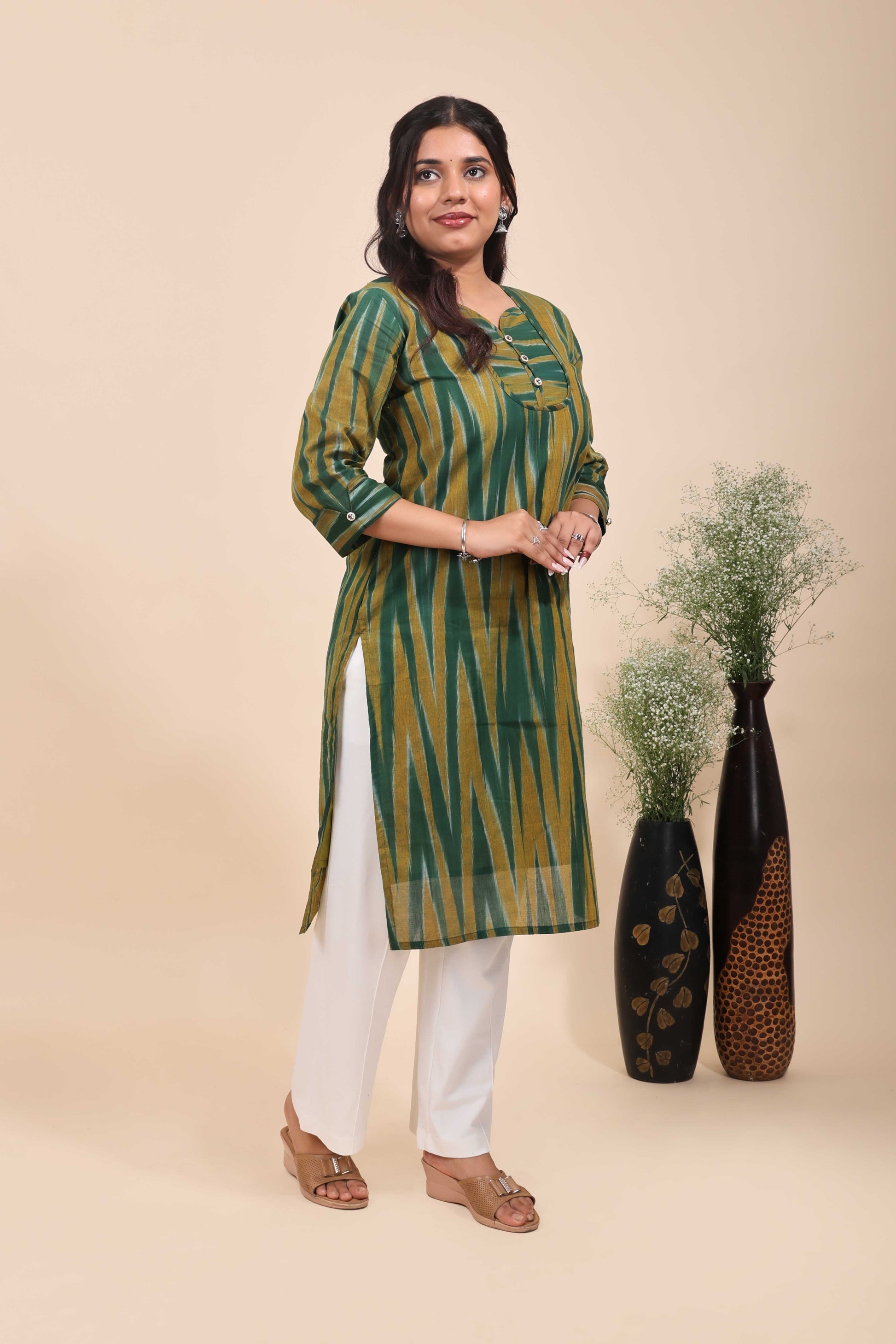 Olive Green and Mustard Geometric Ikat Print Straight Cotton Kurta