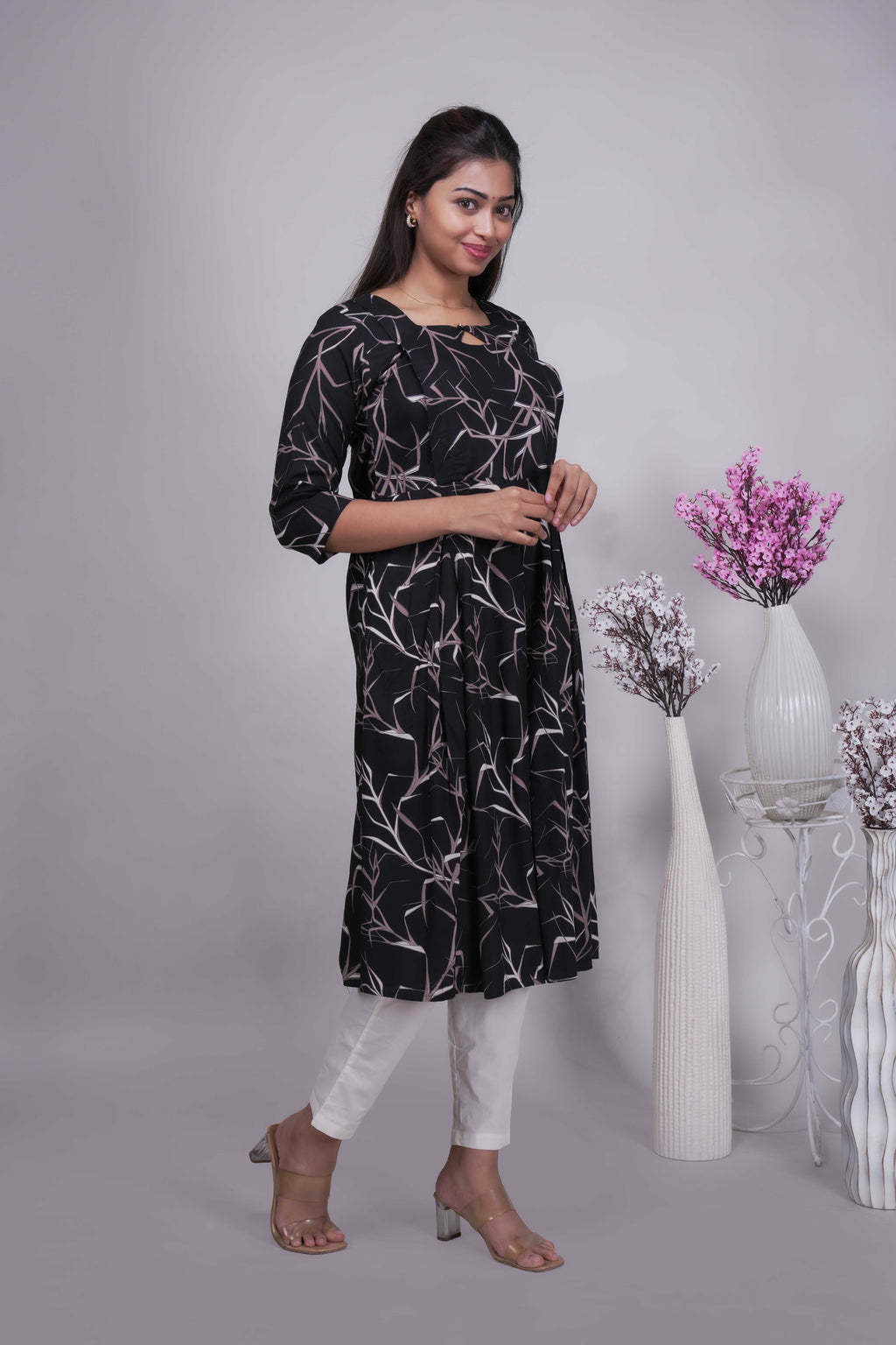 Women's Black & Pink Abstract Twig Print Anarkali Kurta