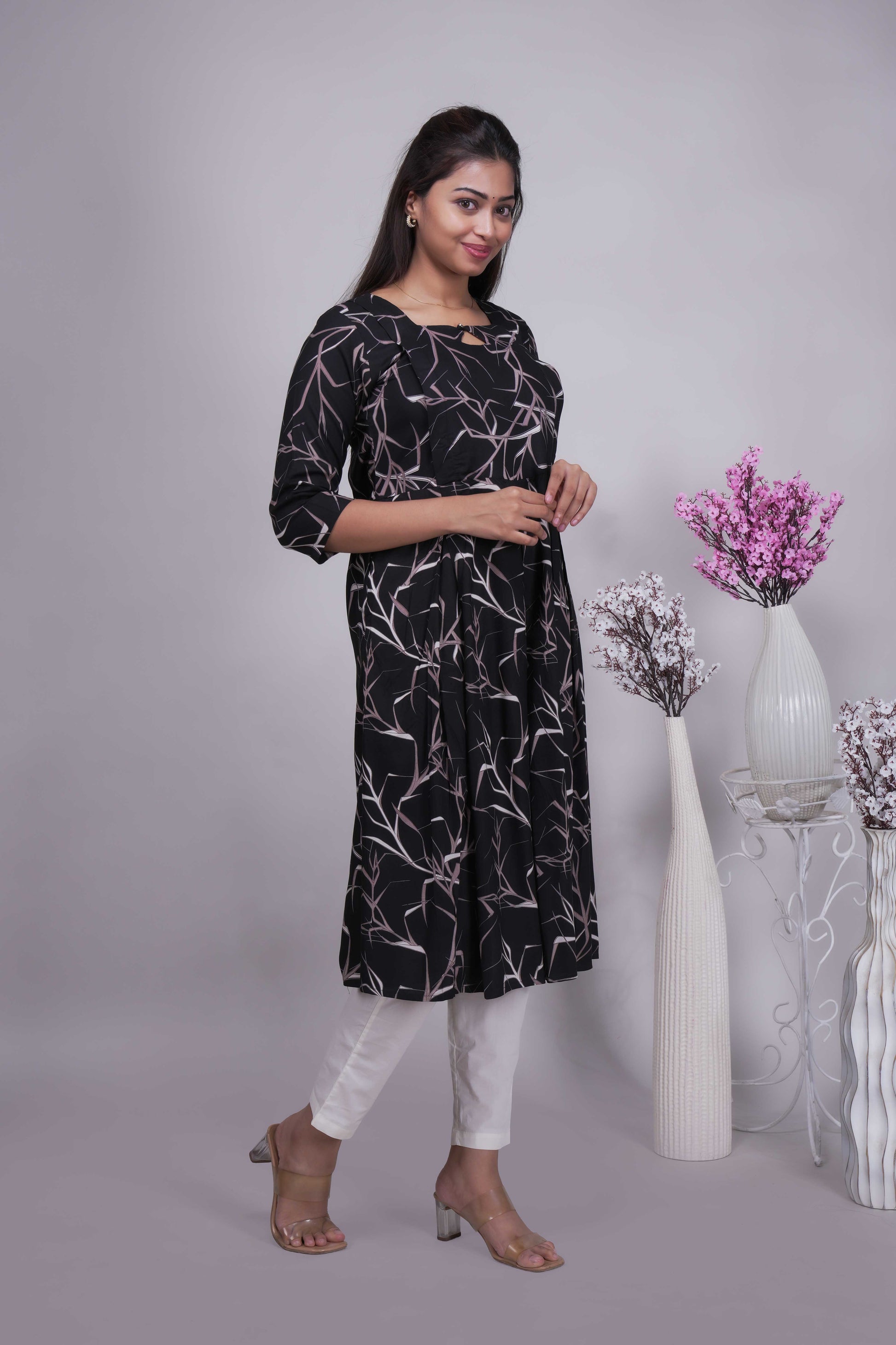 Women's Black & Pink Abstract Twig Print Anarkali Kurta