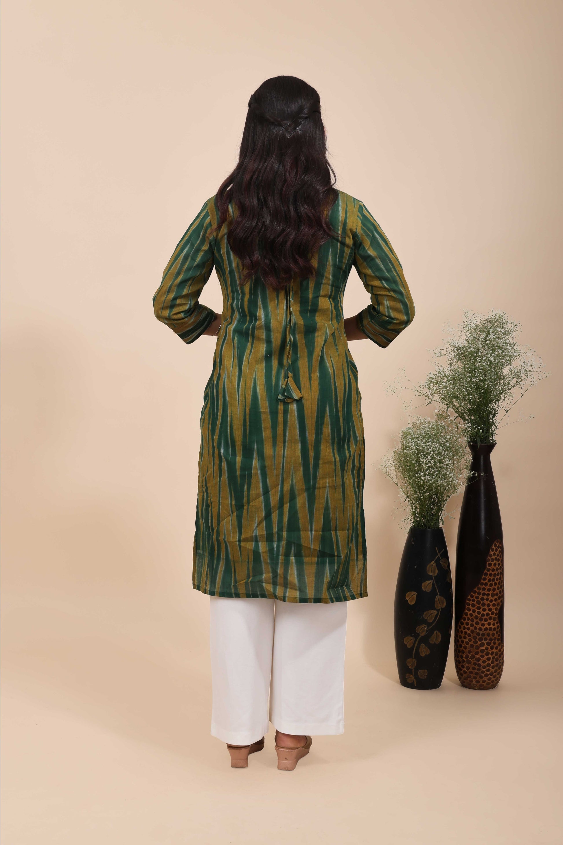 Olive Green and Mustard Geometric Ikat Print Straight Cotton Kurta