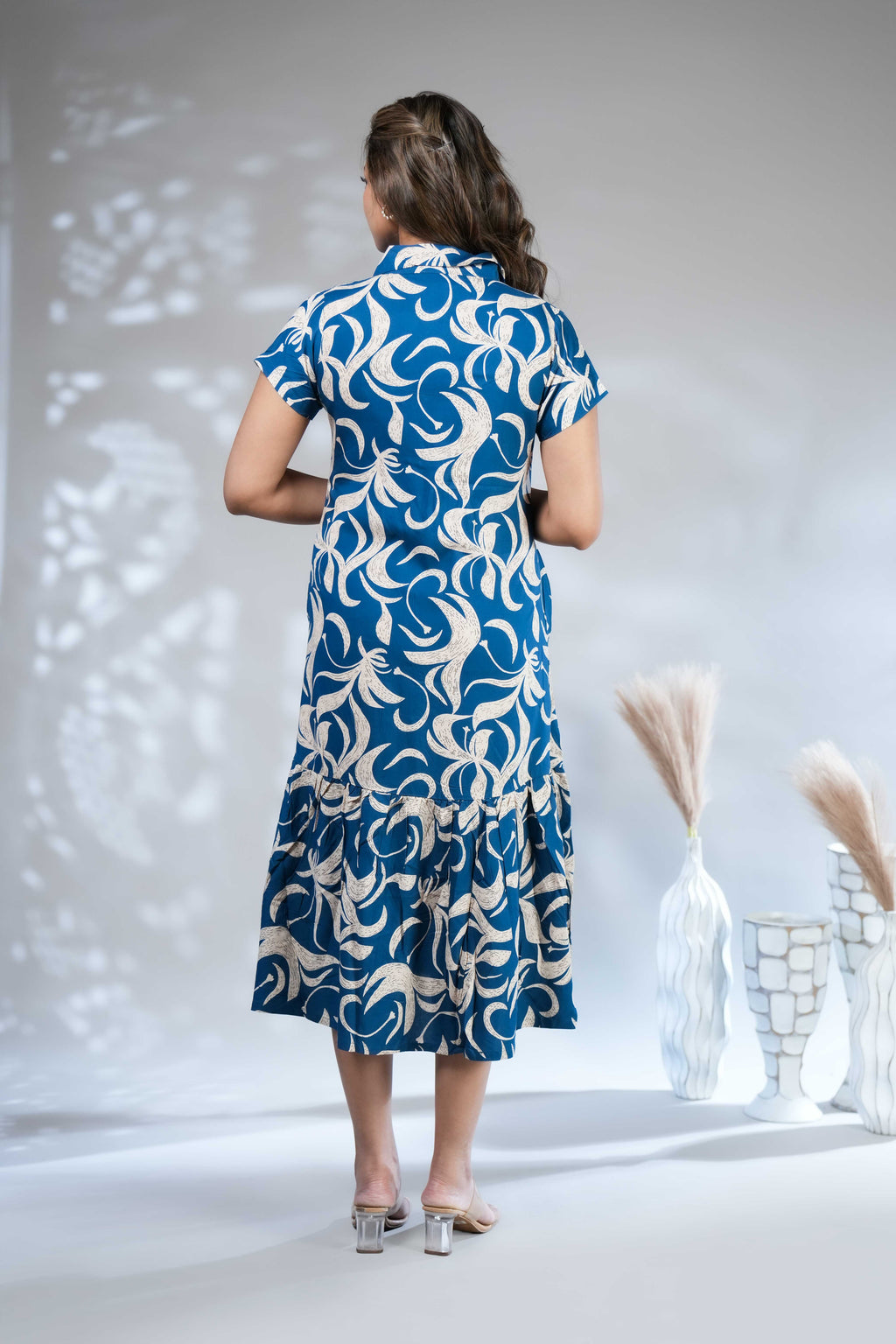 Women's Indigo Blue Tropical Leaf Print A-Line Midi Dress